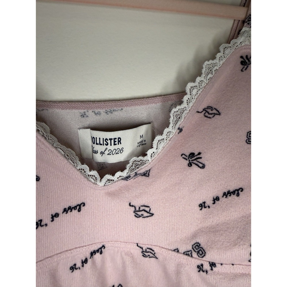 Hollister Pink Senior Class of 26 Lace Cami Tank Top Coquette Medium M - Picture 2 of 5